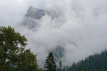 Fog lies over the landscape in Glacier National Park.