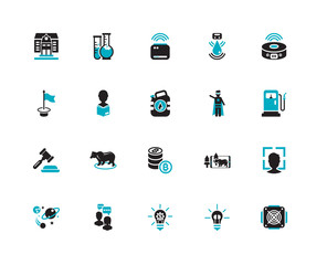 Simple Set of 20 Vector Icon. Contains such Icons as Asic miner, Gas station, Robot vacuum, Water sensor, Space, Labaratory, AR game, Milestone. Editable Stroke pixel perfect