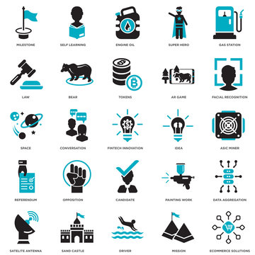 Simple Set of 25 Vector Icon. Contains such Icons as ecommerce solutions, Asic miner, Facial recognition, Self learning, Satelite antenna, Bear, Painting work, Space. Editable Stroke pixel perfect