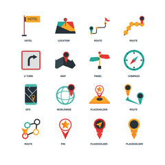 Set Of 16 icons such as Placeholder, Pin, Route, Hotel, U turn, Gps, Panel icon