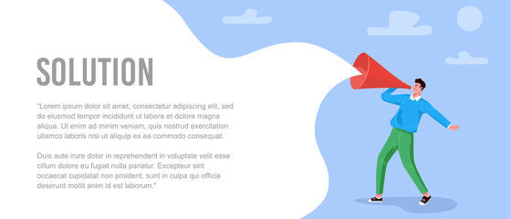 Flat style, A man shouting in a big paper trumpet on white background, vector illustration