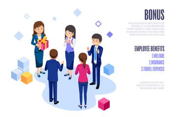 Annual Bonus of employees.Lady boss take care and Thank you staff web and poster design concept.