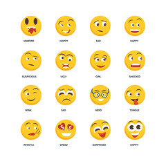 Set Of 16 icons such as Happy, Surprised, Greed, Whistle, Tongue, Vampire, Suspicious, Wink, Girl icon