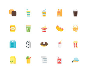 Simple Set of 20 Vector Icon. Contains such Icons as Food serving, Juice, Invoice, Burrito, Tea, Coffee cup, Hot dog, Doughnut, Take away, Frappe. Editable Stroke pixel perfect