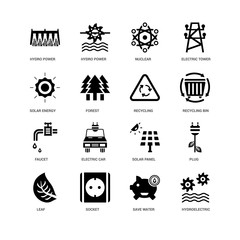 16 icons related to Hydroelectric power station, Forest, Hydro power, undefined, Plug, Electric car, signs. Vector illustration isolated on white background.