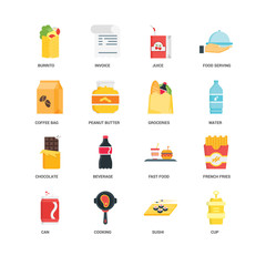 Simple Set of 16 Vector Icon. Contains such Icons as Cup, Sushi, Cooking, Can, French fries, Burrito, Coffee bag, Chocolate, Groceries, undefined, undefined. Editable Stroke pixel perfect