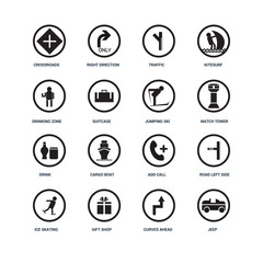 Set Of 16 icons such as Jeep, Curves ahead, Gift shop, Ice Skating, Road Left Side, Crossroads, Drinking zone, Drink, Jumping Ski icon