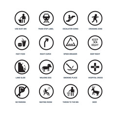 Set Of 16 icons such as Deer, Throw to the bin, Waiting room, No Parking, Hospital cross, Use Dust Bin, Fast food restaurant, Land Slide, Speed Breaker icon