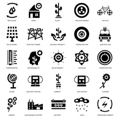 25 icons related to Renewable energy, Power button, Electric car, home, tower, Gas station, Thermometer signs. Vector illustration isolated on white background.