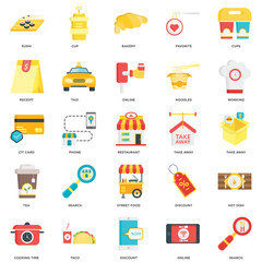 Simple Set of 25 Vector Icon. Contains such Icons as Search, Online, Discount, Taco, Cooking time, Working, Take away, Street food, Tea, Receipt, Bakery, Cup. Editable Stroke pixel perfect