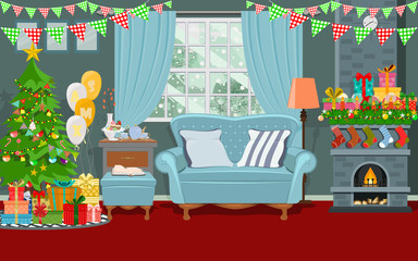 Christmas interiors of the living room with window, Christmas tree, gifts, balloons and decorated fireplace. Happy new year celebration. Merry Christmas holiday. Simple flat design vector illustration