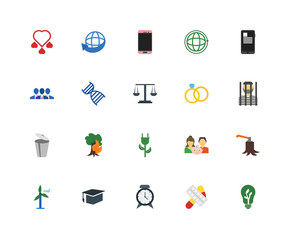 Set Of 20 icons such as Ecology, Drug, Alarm clock, Education, Renewable energy, Smartphone, Marriage, Trash, Dna, icon pack