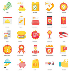 Simple Set of 25 Vector Icon. Contains such Icons as Review, Delivery, Bag, Saving, Tray, Mobile app, Location, Operator, Preparation, Online, Package, Free. Editable Stroke pixel perfect