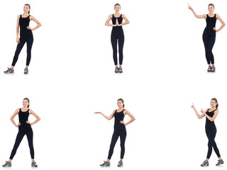 Young woman doing exercises isolated on white 