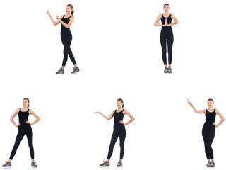 Young woman doing exercises isolated on white 