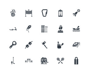 Simple Set of 20 Vector Icon. Contains such Icons as Sleeping bag, Racket, Caravan, Table, Golf ball, Dart, Fire, Ax, Loupe, Kite, Carabiner. Editable Stroke pixel perfect