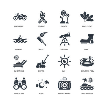 Simple Set of 16 Vector Icon. Contains such Icons as Sun umbrella, Cricket, Motorbike, undefined, Swimming pool, Shovel, Bonfire. Editable Stroke pixel perfect