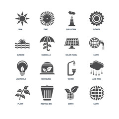 Set Of 16 icons such as Earth, Recycle bin, Plant, Acid rain, Su