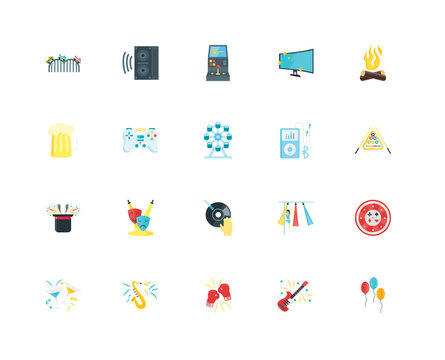Simple Set of 20 Vector Icon. Contains such Icons as Balloon, Guitar, Boxing, Jazz, Party, Campfire, Ipod, DJ, Magic hat, Joystick, Arcade. Editable Stroke pixel perfect