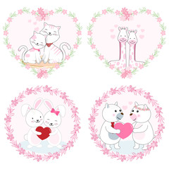 Set of cute animal character and lace frame, valentine's day illustration