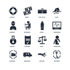 Set Of 16 icons such as Insurance, Airplane, Ambulance, Broken arm, Lifebuoy, Terrorist, Padlock, Coffin icon