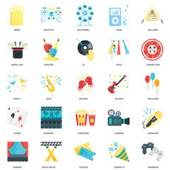 Simple Set of 25 Vector Icon. Contains such Icons as Gamepad, Confetti, Tickets, Spotlights, Cinema, Poker chip, Guitar, Popcorn, Cards, Magic hat, Big wheel, Joystick. Editable Stroke pixel perfect