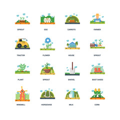 Set Of 16 icons such as Corn, Milk, Horseshoe, Windmill, Boot shoes, Sprout, Tractor, Plant, house icon