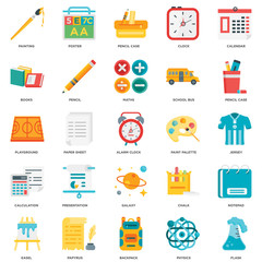 Simple Set of 25 Vector Icon. Contains such Icons as Flask, Jersey, Pencil case, Poster, Easel, Pencil, Chalk, Playground. Editable Stroke pixel perfect