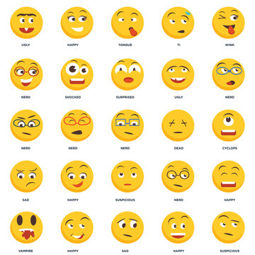 Set Of 25 icons such as Suspicious, Happy, Sad, Vampire, Nerd, Dead, Tongue, Happy icon