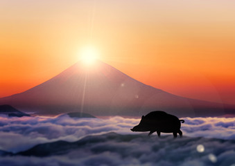 Fototapeta na wymiar 富士景色とイノシシのシルエット