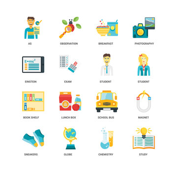 Simple Set of 16 Vector Icon. Contains such Icons as Study, Chemistry, Globe, Sneakers, Magnet, As, Einstein, Book shelf, Student, undefined, undefined. Editable Stroke pixel perfect