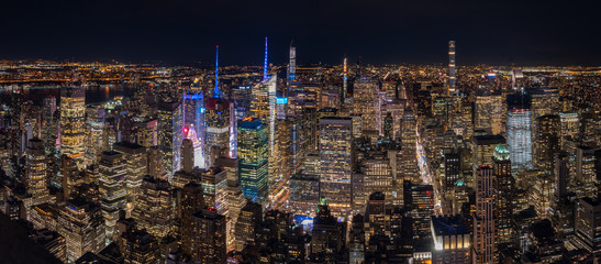 Aerial View of Downtown Manhattan Night Skyline Towards Central Park