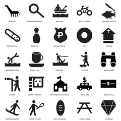 25 icons related to Diamond, Binoculars, Chapel, magnifying glass, snowboarding, Bowling, Buy a car, Swimming jump signs. Vector illustration isolated on white background.