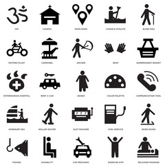 25 icons related to Relaxing Massage, Communication tool, Supermarket Basket, Church, Fishing, Carousel, Fuel service, Veterinarian Hospital signs. Vector illustration isolated on white background.