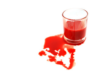 bleeding blood in the glass on white background / concept of the scientific experiment disease blood