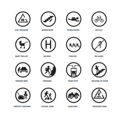 Set Of 16 icons such as Crossing Road Caution, Quad Bike, School zone, Airport Checking, Walking Up Stair, Rail crossing, Baby trolley, Parking Men, Theater icon