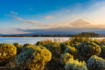 Obraz premium Beautiful landscape of mountain fuji with maple leaf tree around lake