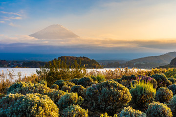 Beautiful landscape of mountain fuji with maple leaf tree around lake