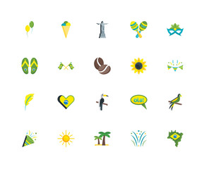 Simple Set of 20 Vector Icon. Contains such Icons as Brazil, Garlands, Eye mask, Maracas, Confetti, Ice cream, Ol??¡, Flip flops. Editable Stroke pixel perfect