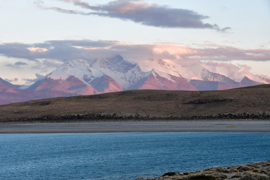  Holy Rakshas Tal lake and Gurla Mandhata peak in Ngari at sunset, Western Tibet, China. This lake also known as Demons Lake, Ravana Tal or Ravan Harda, Langa Tso in Hindu Religion