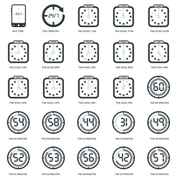 Simple Set of 25 Vector Icon. Contains such Icons as The 22:00, 10 pm, 42 minutes, 17:00, 5pm, 53 52 49 15:00, 3 pm. Editable Stroke pixel perfect