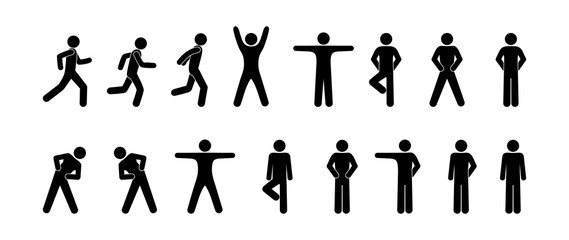 fitness icon, stick figure set of silhouettes of people involved in sports, pictogram man