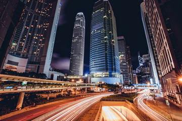Fototapeta na wymiar Hong Kong at night, Light trail and Modern building, Hong Kong cityscape