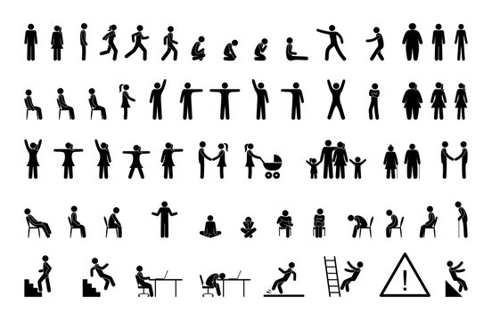stick figure man, pictogram set, people different poses icons, movement silhouettes human silhouette stand, walk, sit, family symbol, warning signs