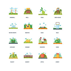 Fototapeta premium Set Of 16 icons such as Honey, Apple, Basket, Faucet, Hose, Windmill, Water drops, Avocado, Eggs icon