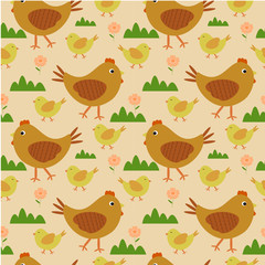 Seamless pattern walking hen and chickens 