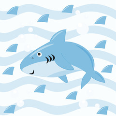 Cute shark in wave and shark's fins background