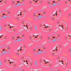 Seamless pattern cat head with open and shut eyes in pink background