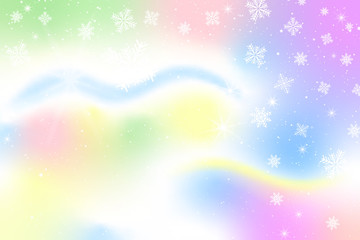 Pastel Snow Flake Glow Star Vector Background. Colorful Sky Holographic Cloud Rainbow Christmas New Year Celebration Illustration