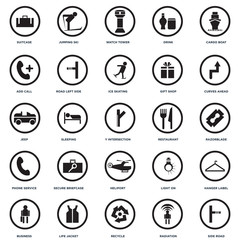 Set Of 25 icons such as Side road, Radiation, Recycle, Life Jacket, Business, Curves ahead, Restaurant, Heliport, Phone service, Add call, Watch Tower, Jumping Ski icon
